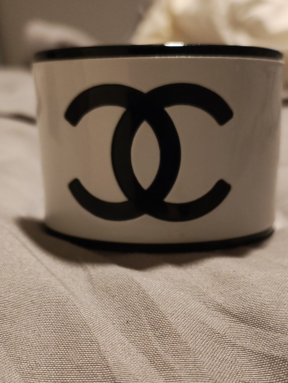 Chanel White and Black CC Logo Wide Bracelet